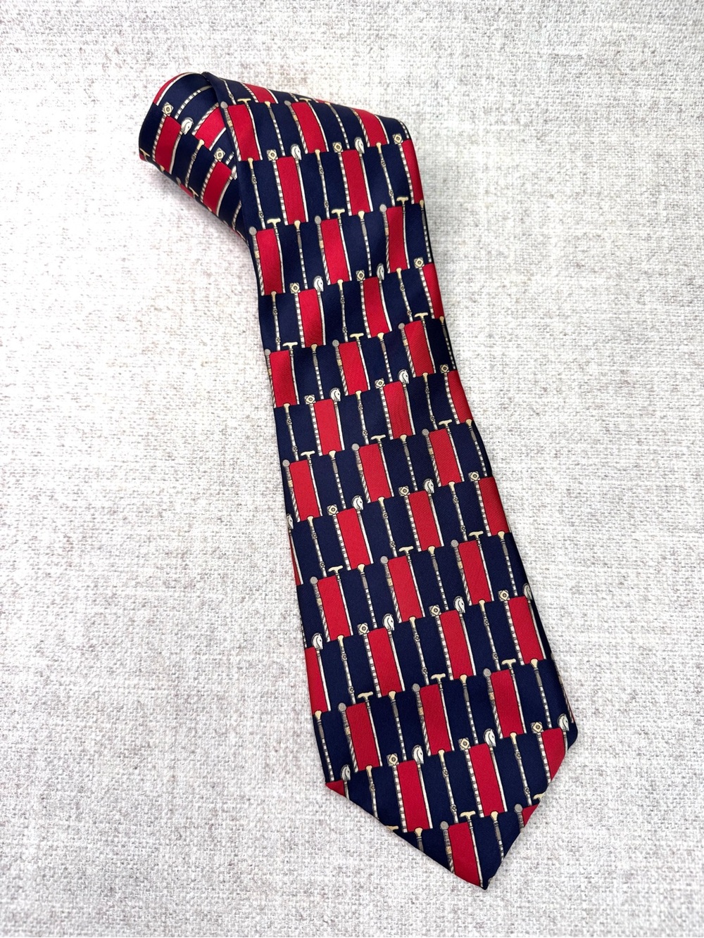 VTG‎ Mark Cross New York Silk Necktie equestrian horse polo red, blue, beige